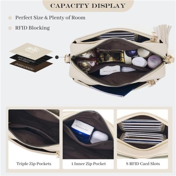 Triple Zip Small Crossbody Bag for women, Beige - Picture 3 of 6